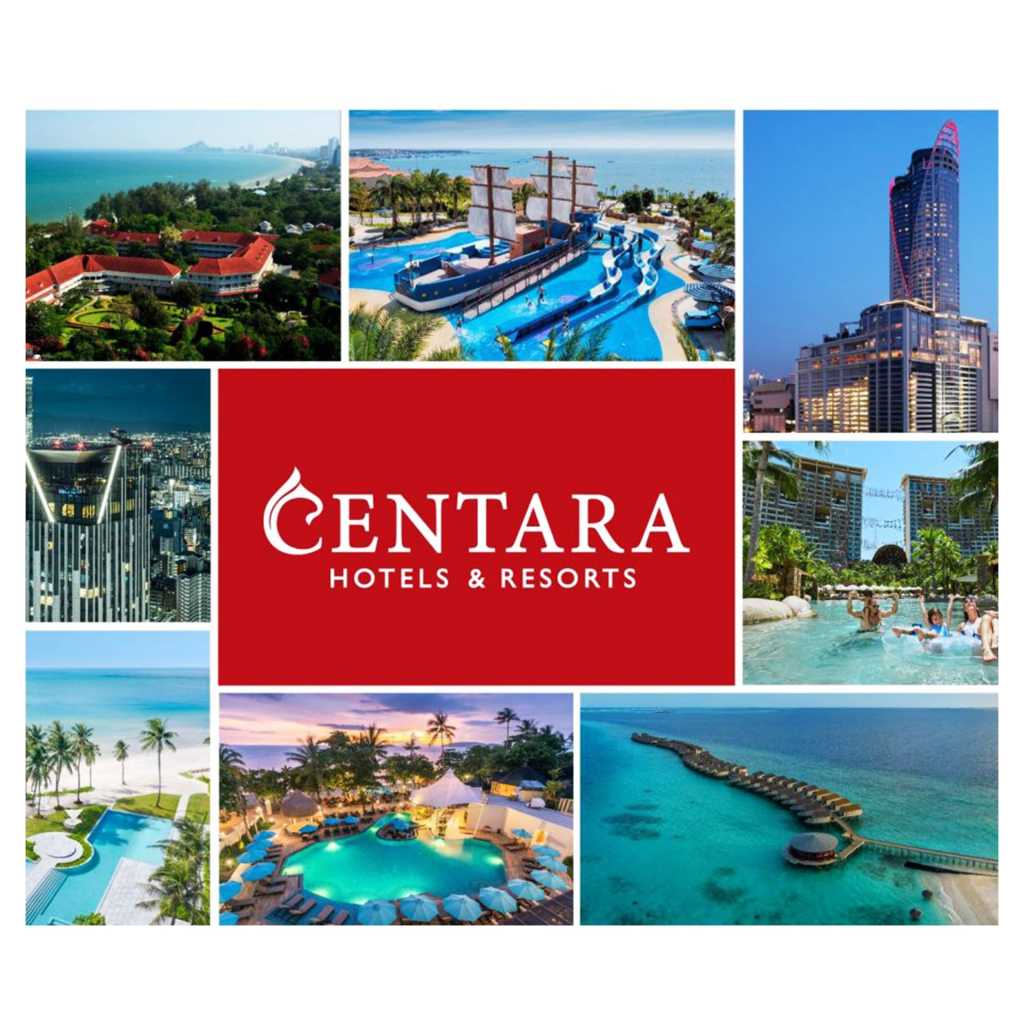 โลโก้ Centara Hotels & Resorts อยู่ตรงกลาง ล้อมรอบด้วยภาพโรงแรมและรีสอร์ทในสถานที่ท่องเที่ยวต่างๆ ทั้งทะเล วิวเมือง และสระว่ายน้ำ