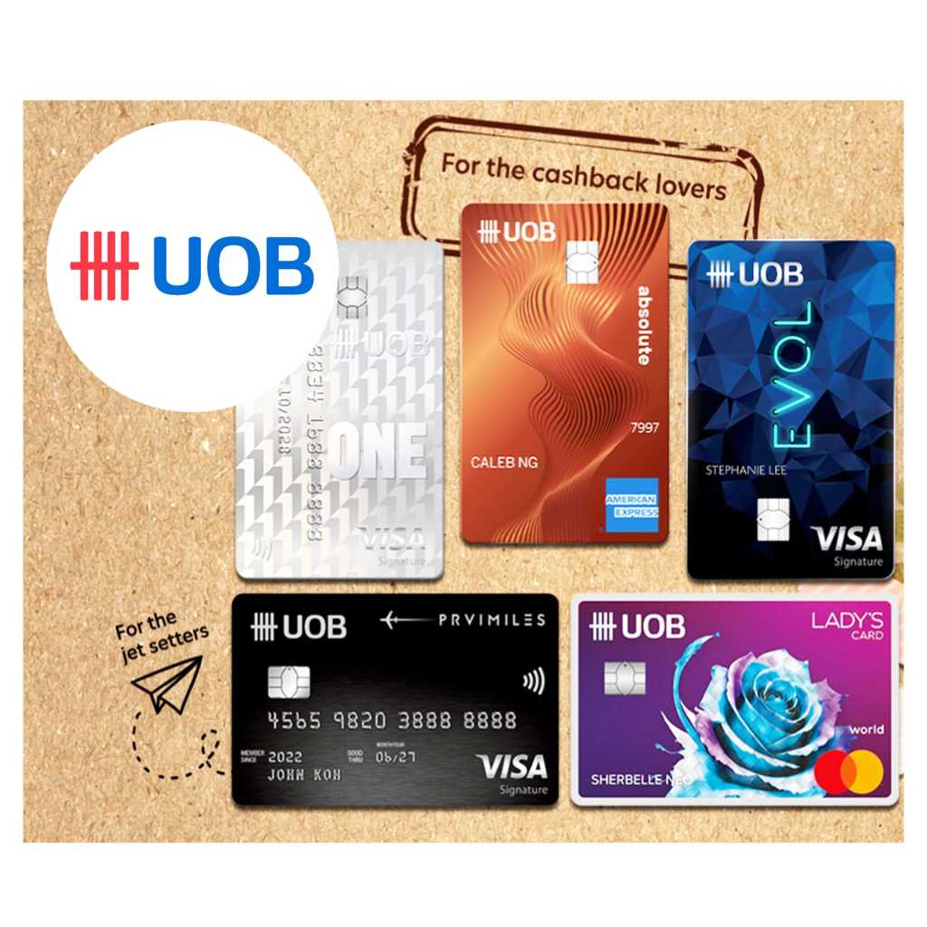 บัตรเครดิต UOB หลากหลายประเภท เช่น UOB ONE, UOB CASH+, UOB EVOL, UOB PRIVI Miles และ UOB Lady's