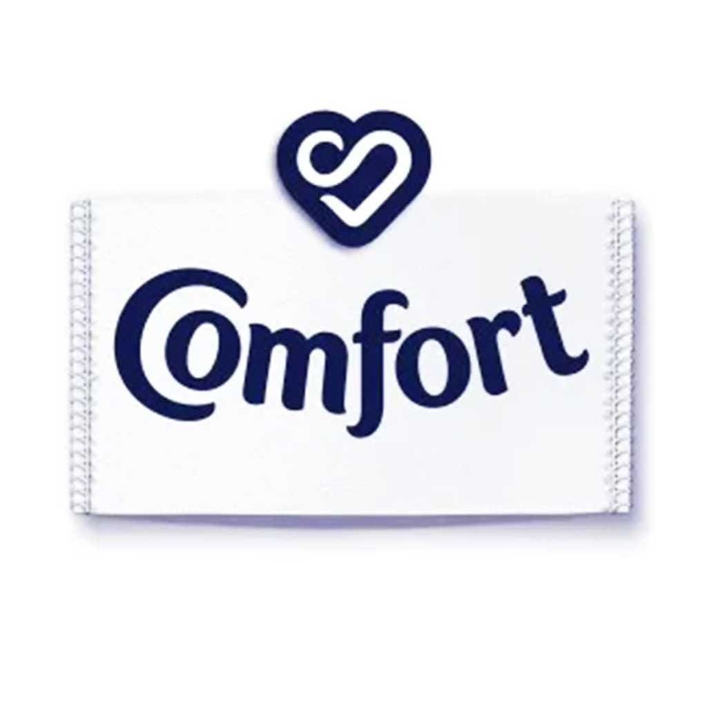 โลโก้ Comfort ตัวอักษรสีน้ำเงินเข้มพร้อมสัญลักษณ์รูปหัวใจด้านบนพื้นหลังสีขาว