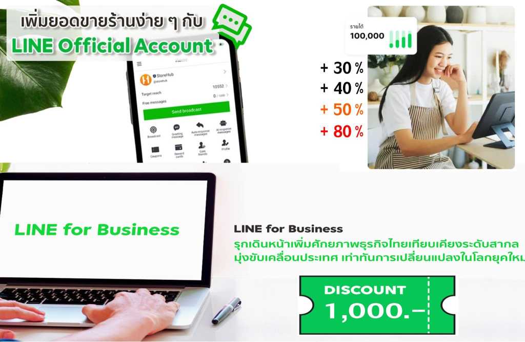 LINE for Business เครื่องมือเพิ่มยอดขายและสร้างแบรนด์ พร้อมส่วนลดพิเศษสำหรับร้านค้าใหม่ เพิ่มยอดขายร้านง่าย ๆ กับ LINE Official Account พร้อมโปรโมชันส่วนลด 1000 บาท สำหรับธุรกิจ
