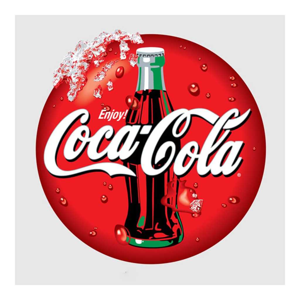 โลโก้ Coca-Cola พื้นหลังสีแดงพร้อมขวดโค้กคลาสสิก มีคำว่า Enjoy! Coca-Cola ตัวอักษรสีขาว