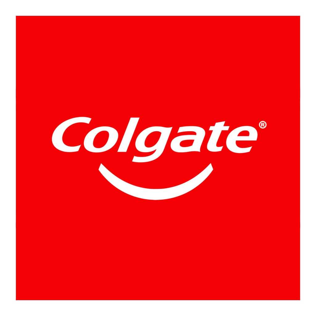 โลโก้ Colgate พื้นหลังสีแดง ตัวอักษรสีขาวพร้อมรอยยิ้มใต้โลโก้ สื่อถึงสุขภาพช่องปากที่ดี