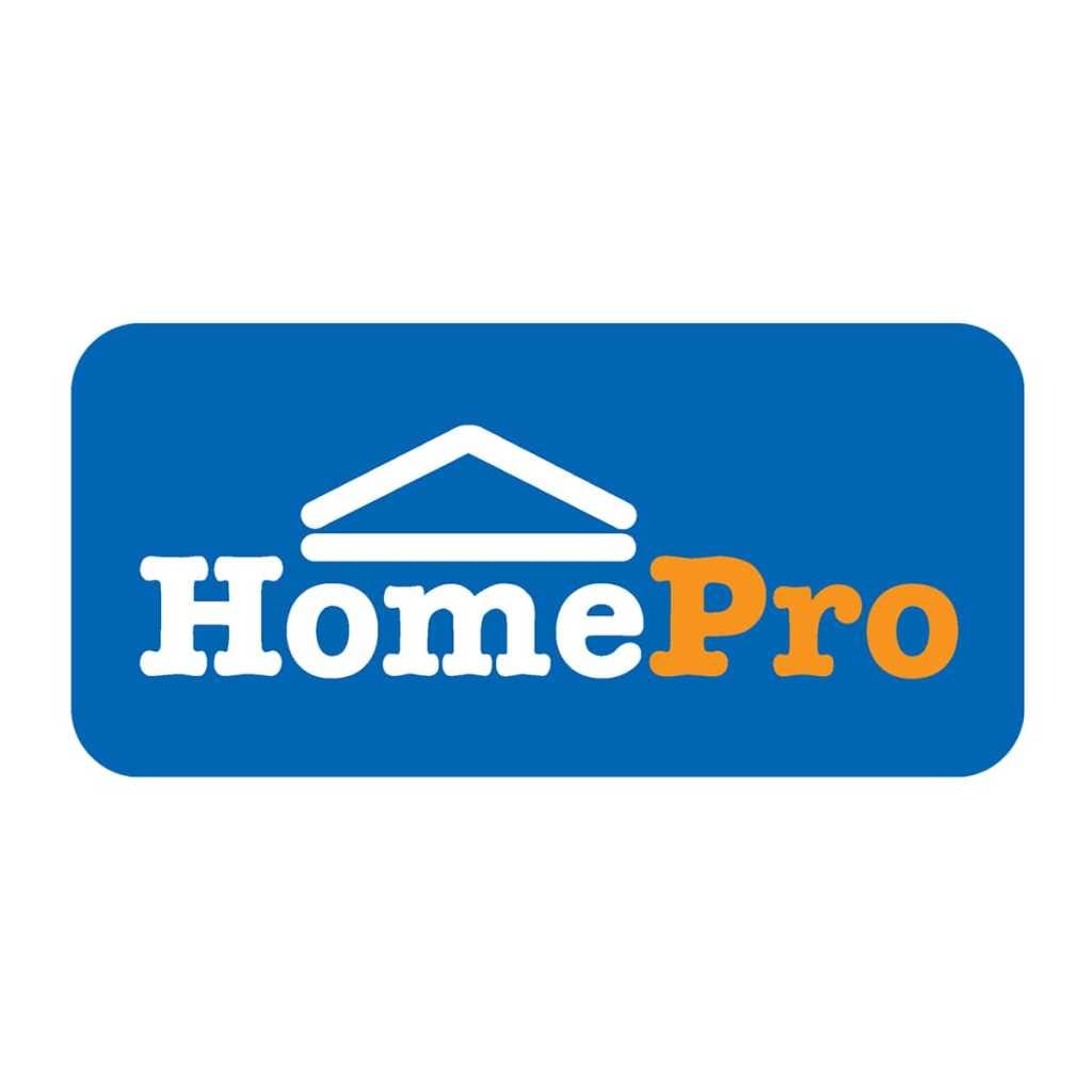 โลโก้ HomePro พื้นหลังสีน้ำเงิน ตัวอักษร Home สีขาว และ Pro สีส้ม พร้อมสัญลักษณ์หลังคาบ้าน