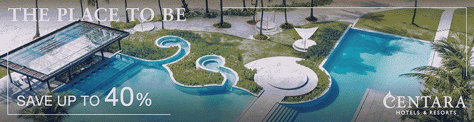 Centara Hotels & Resorts รีสอร์ทหรูใจกลางธรรมชาติ ที่ที่คุณต้องไปสัมผัส จองห้องพักวันนี้เพื่อประสบการณ์สุดพิเศษ ภาพรีสอร์ทหรู Centara กลางทะเลสีฟ้าใส พร้อมข้อความ The Place to Be และปุ่ม Book Now