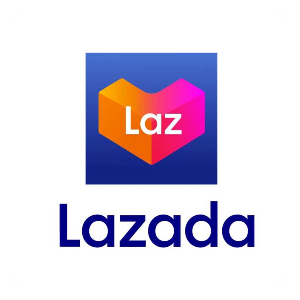 โลโก้ Lazada พื้นหลังสีน้ำเงินเข้ม มีสัญลักษณ์กล่องรูปหัวใจสีส้มชมพูและคำว่า Laz ตรงกลาง
