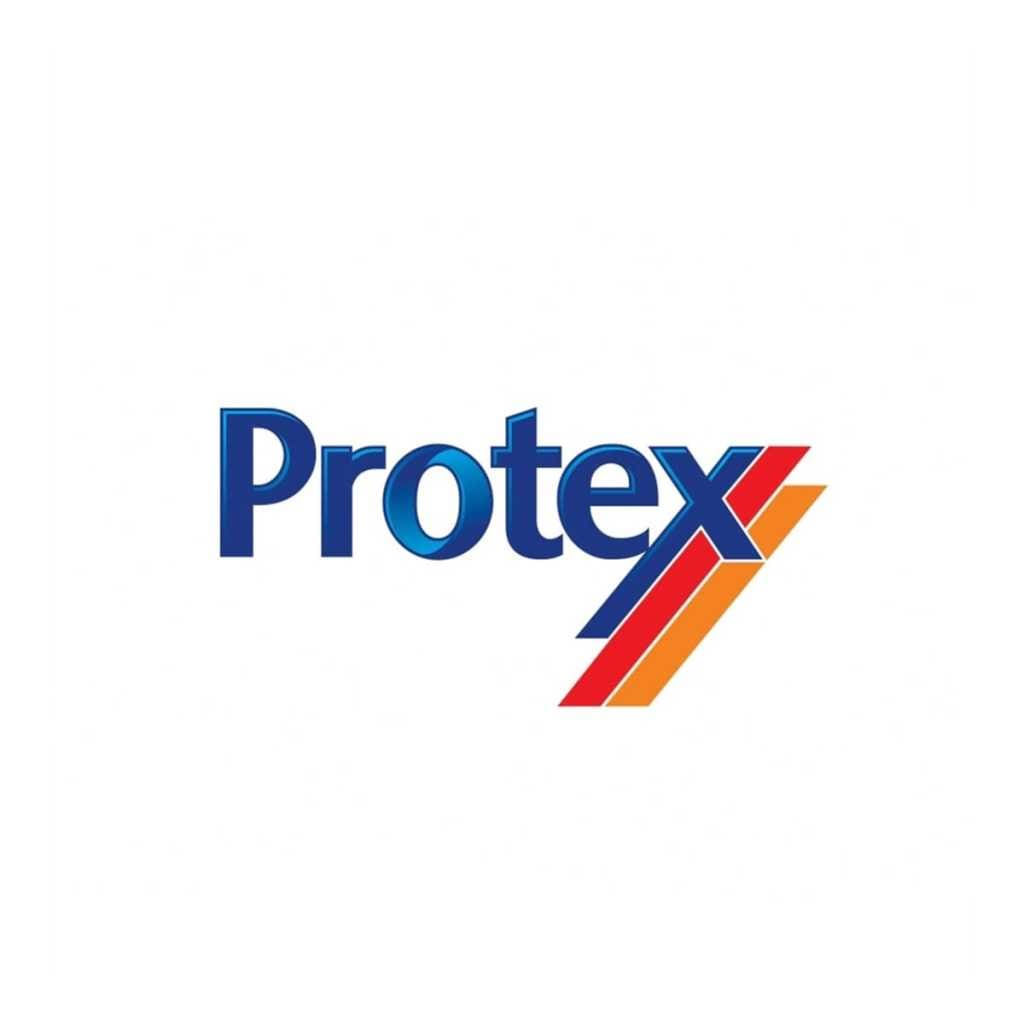 โลโก้ Protex ตัวอักษรสีน้ำเงิน พร้อมแถบเส้นทแยงสีส้ม แดง และน้ำเงินที่ตัว X