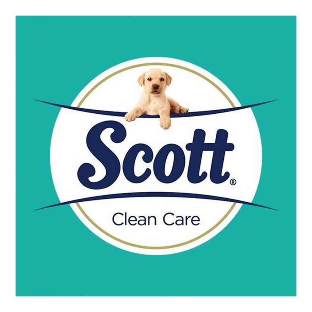 โลโก้ Scott Clean Care พื้นหลังสีฟ้า มีสุนัขพันธุ์ลาบราดอร์สีทองนอนพาดบนวงกลมสีขาว ตรงกลางมีชื่อ Scott ตัวอักษรสีน้ำเงิน