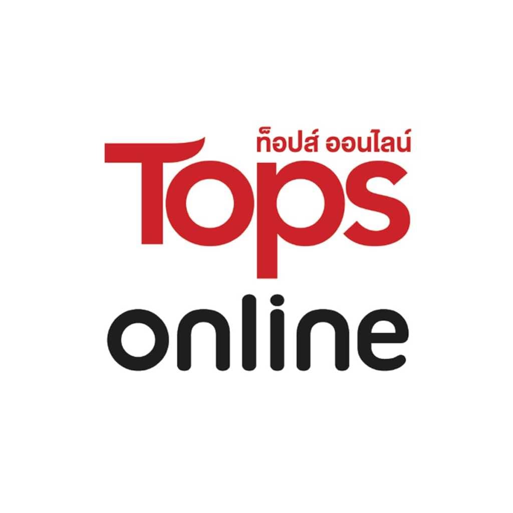 โลโก้ Tops Online ตัวอักษรสีแดงและดำ พร้อมคำอ่านภาษาไทยว่า ท็อปส์ ออนไลน์